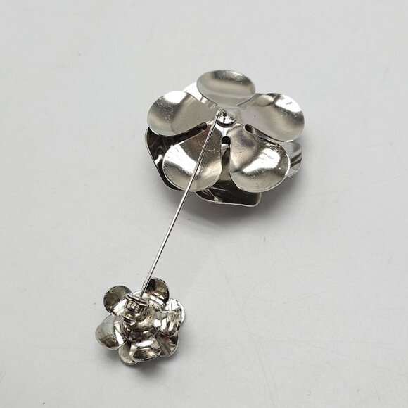 Silver Tone Floral Brooch Stick Pin With Dual Flower Design - Picture 3 of 4